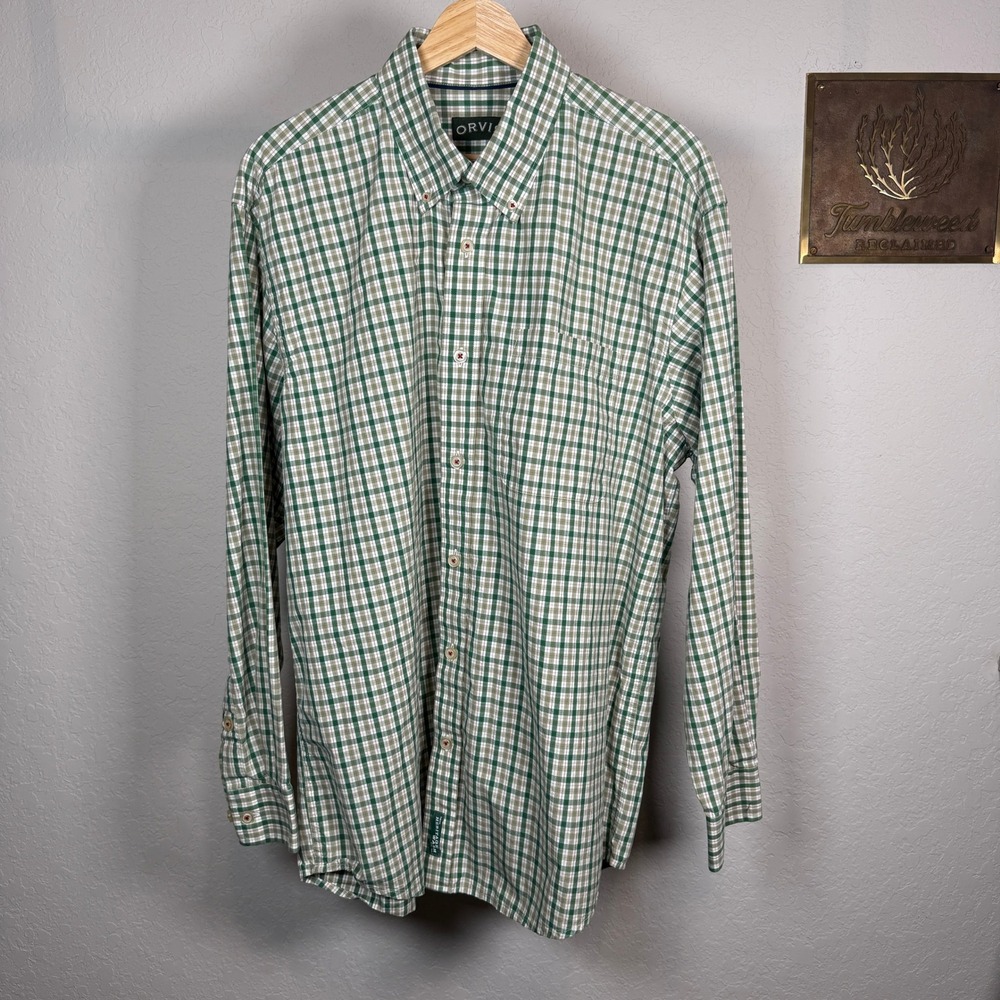 Orvis Mens Green Plaid Button Down Shirt‎ Long Sleeve Cotton Large 2GMX